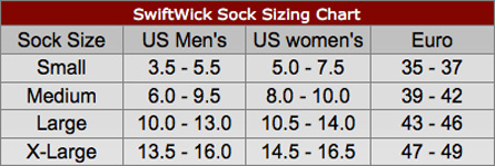 reebok sock size chart