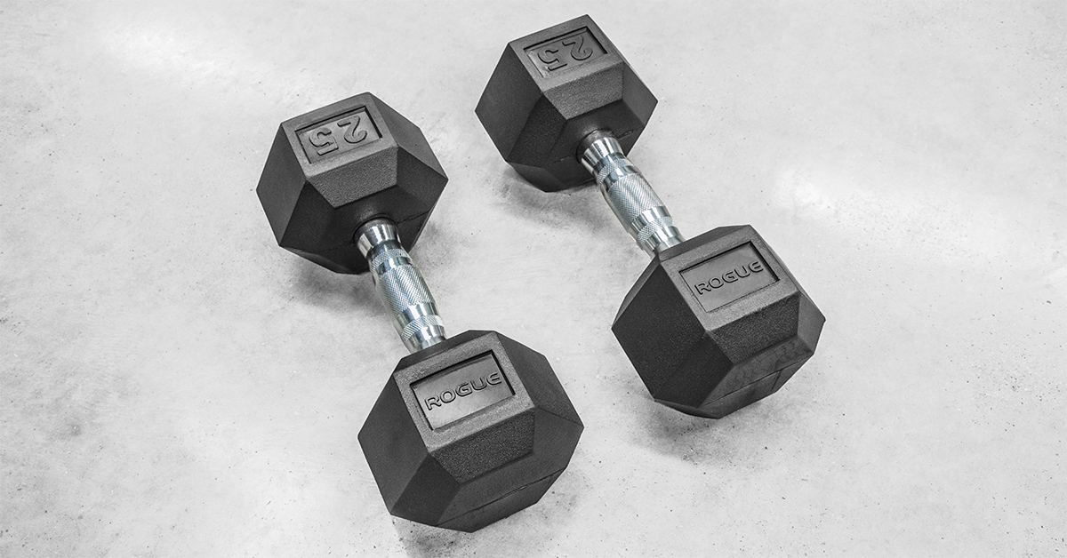 Rogue Dumbbells Weight Training Rubber Hex Rogue Fitness dkn-rubber-hex-dumbbells