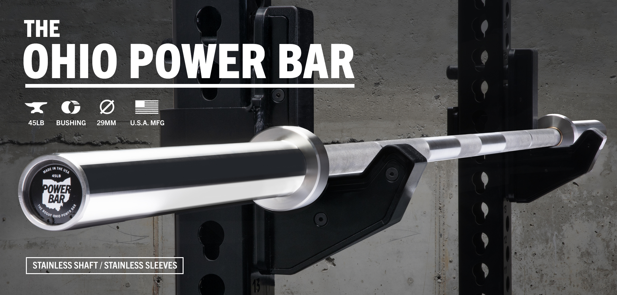 Rogue 45LB Ohio Power Bar - Stainless/Stainless | Rogue Fitness Rogue Stainless Steel Ohio Power Bar