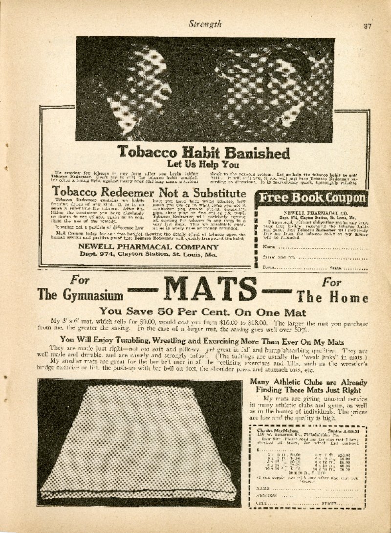 Tobacco Habit Banished; Mats For the Gymnasium, For the Home