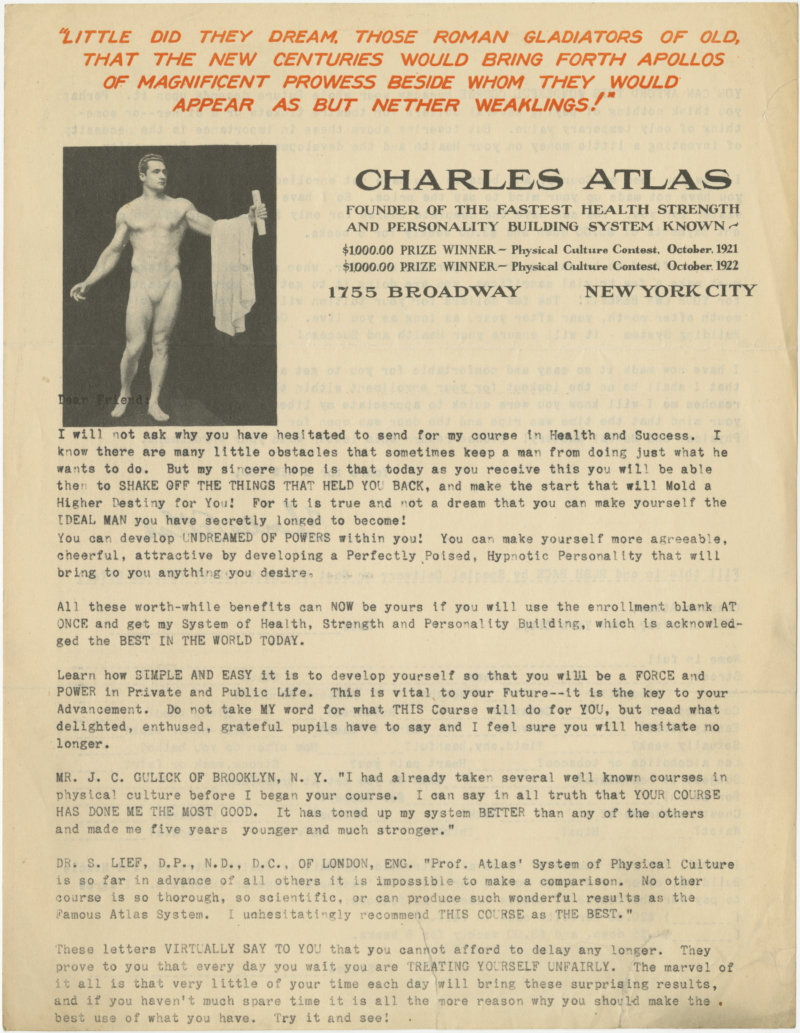 Charles Atlas Fastest Health Strength and Personality Building System Known Correspondence
