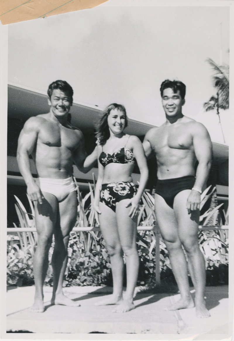 Photo of Tommy Kono, Timmy Leong, and Carole Hunguford at Kaiser's Beach continued
