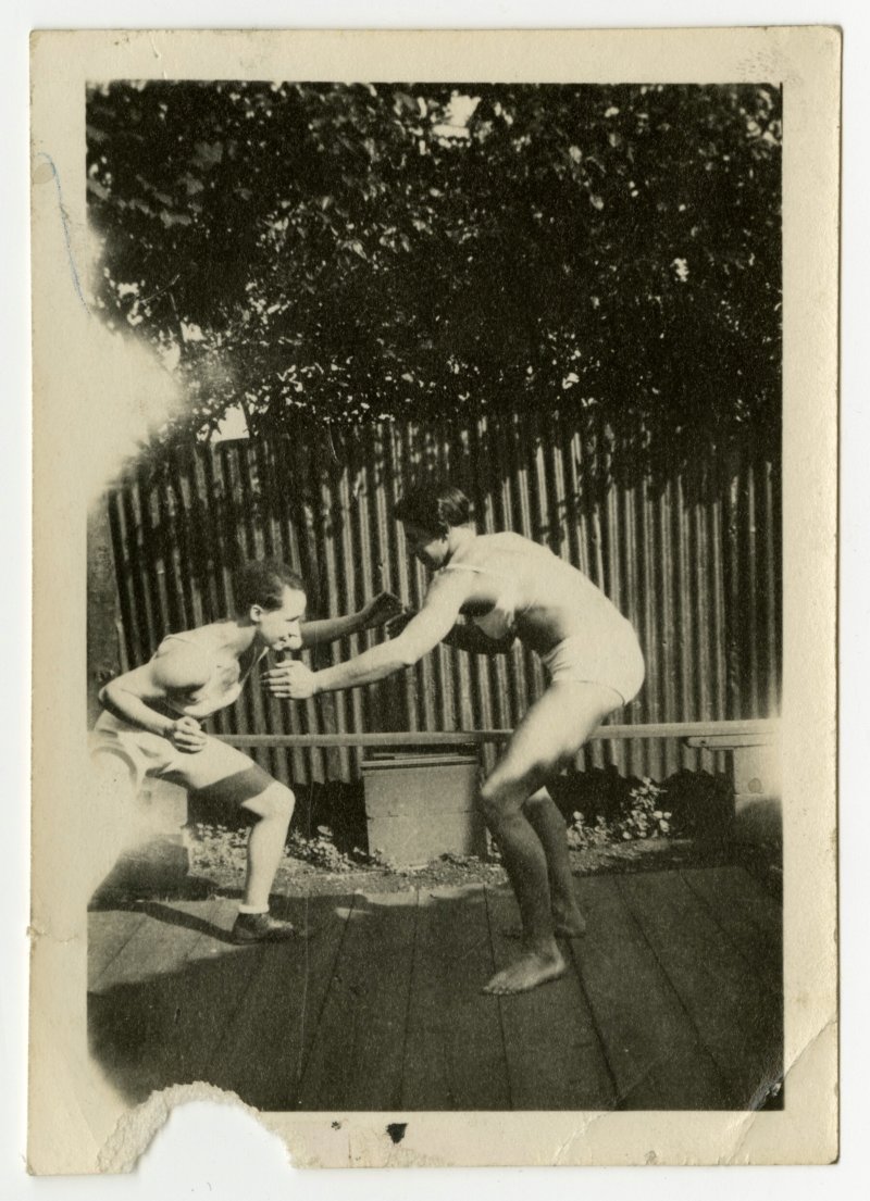Ivy Russell and Agnes Clark wrestling
